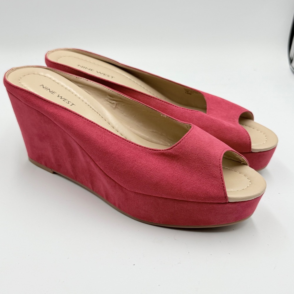 Nine West‎ Dayside Peep Toe Wedge Mules Heels Shoes Women's Size 10M Red Suede